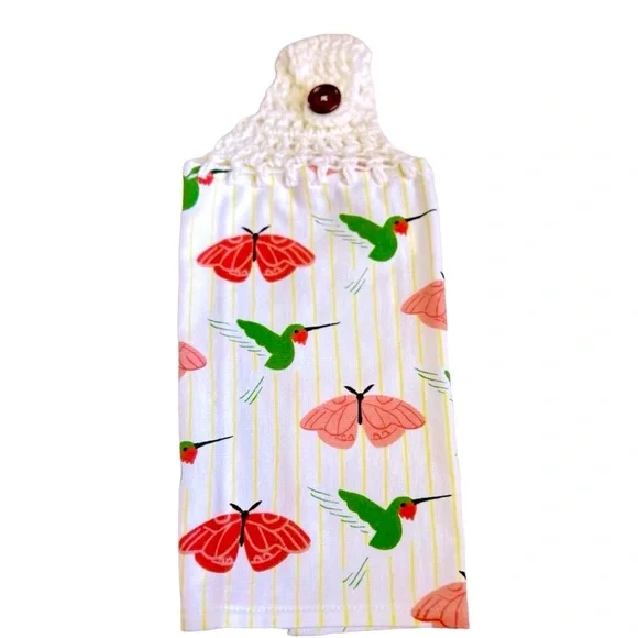 Hand Crafted Colorful Hummingbirds Butterflies Hanging Hand Towel Crochet Top - Picture 4 of 8